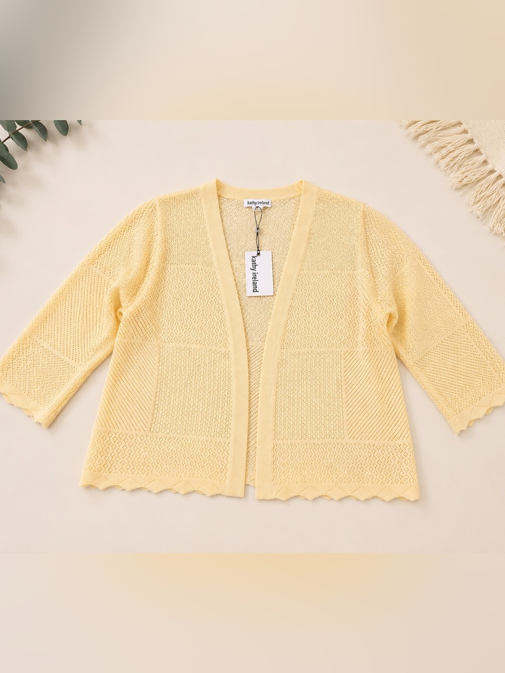 Kathy Ireland Yellow Open Front Knit Cardigan